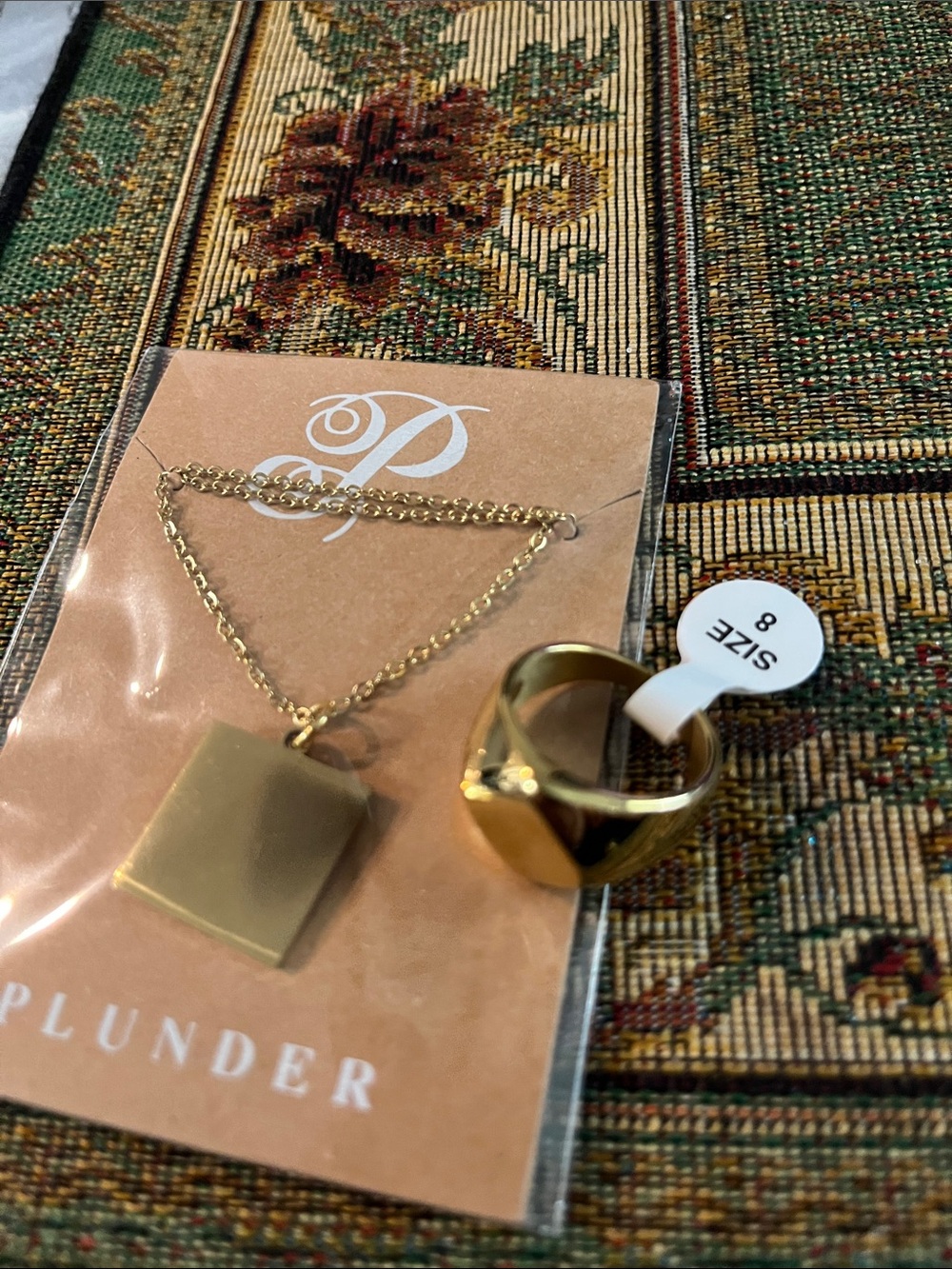 Plunder Gold Square Pendant Necklace with Gold Dome Ring